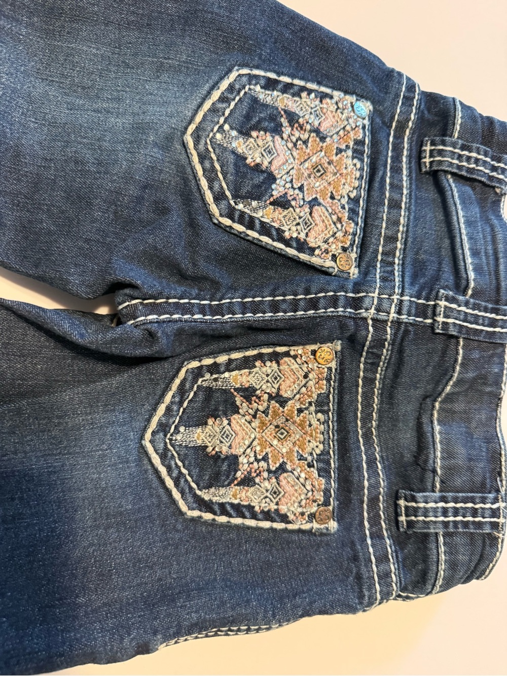 Shyanne Dark Blue Bootcut Jeans with Pink & Cream Embroidered Pockets